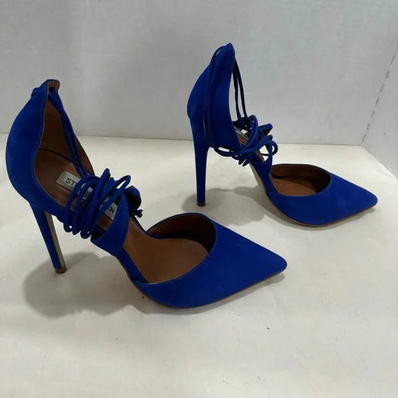 STEVE MADDEN Raela Cobalt Blue Suede Leather Closed Toe Lace Up Heels Size 7.5 - Picture 4 of 9